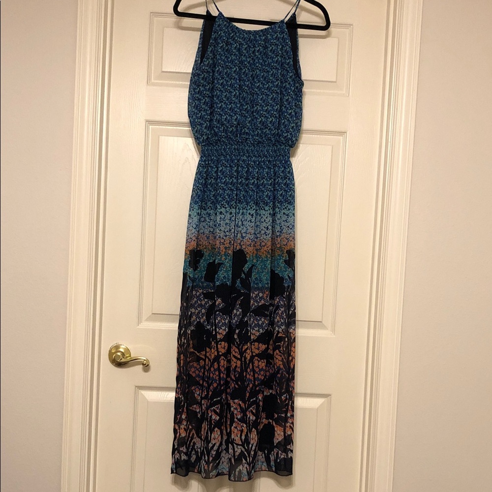 Enfocus Studio Black Sleeveless Maxi Dress with Peach Floral Accents Sz. 8